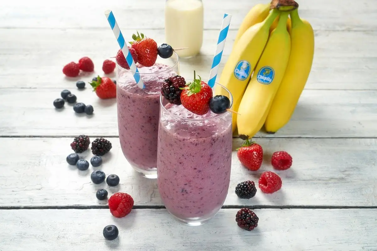 Berry Banana smoothies blended with fresh berries and banana at Fluff and Crunch in Warman, SK