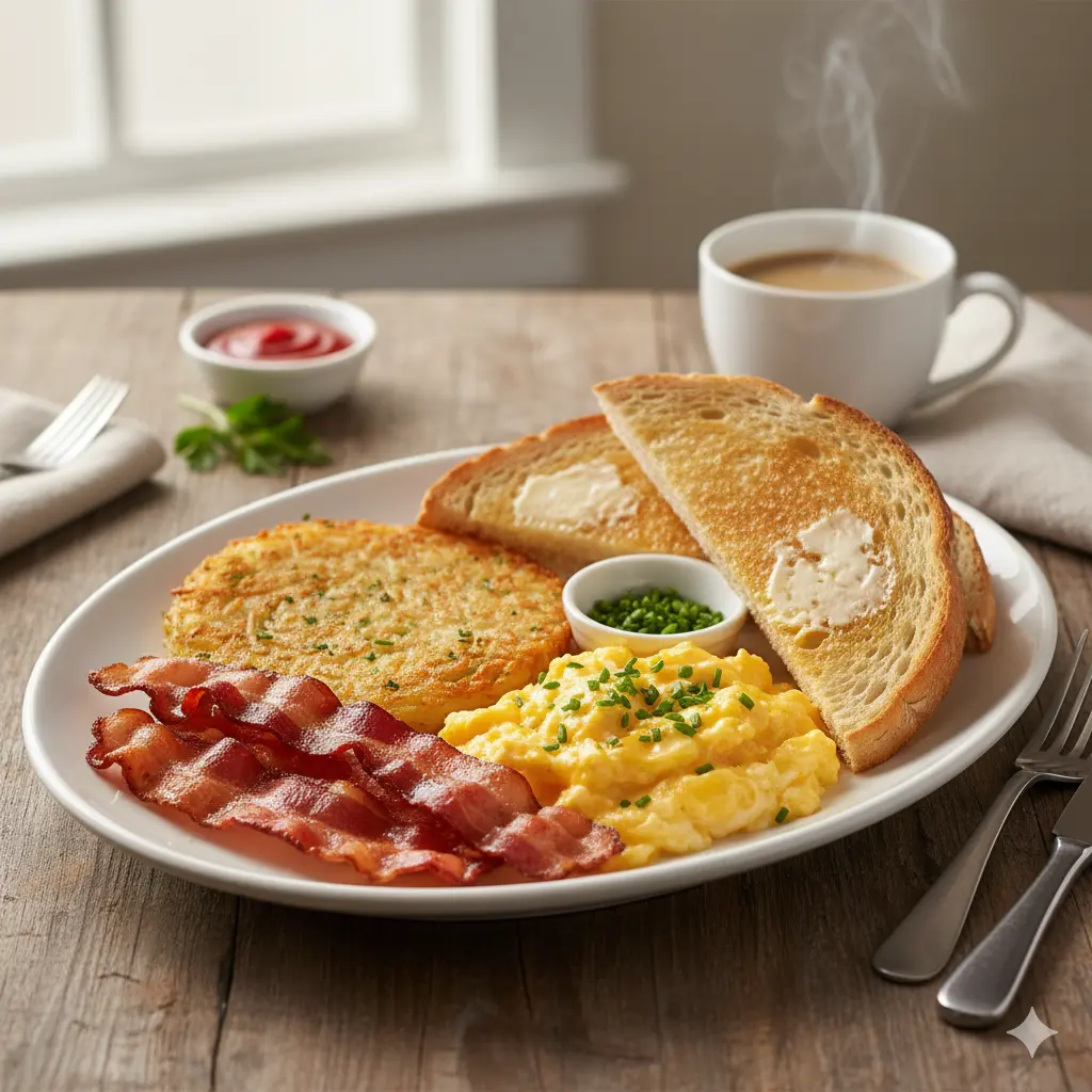 Classic Breakfast Plate with scrambled eggs, bacon, hash browns and toast at Fluff and Crunch in Warman, SK