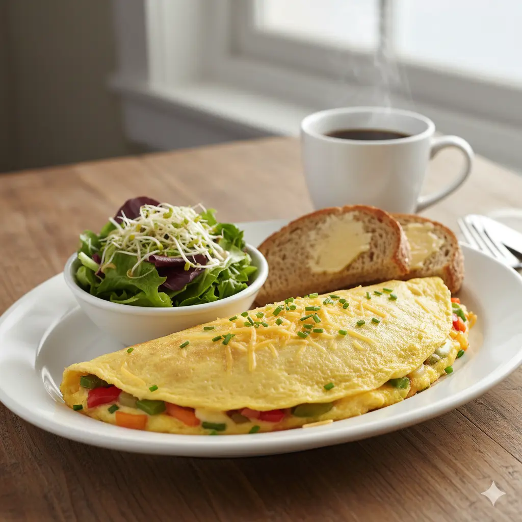 Veggie Delight Omelette with fresh vegetables, cheese and side salad at Fluff and Crunch in Warman, SK